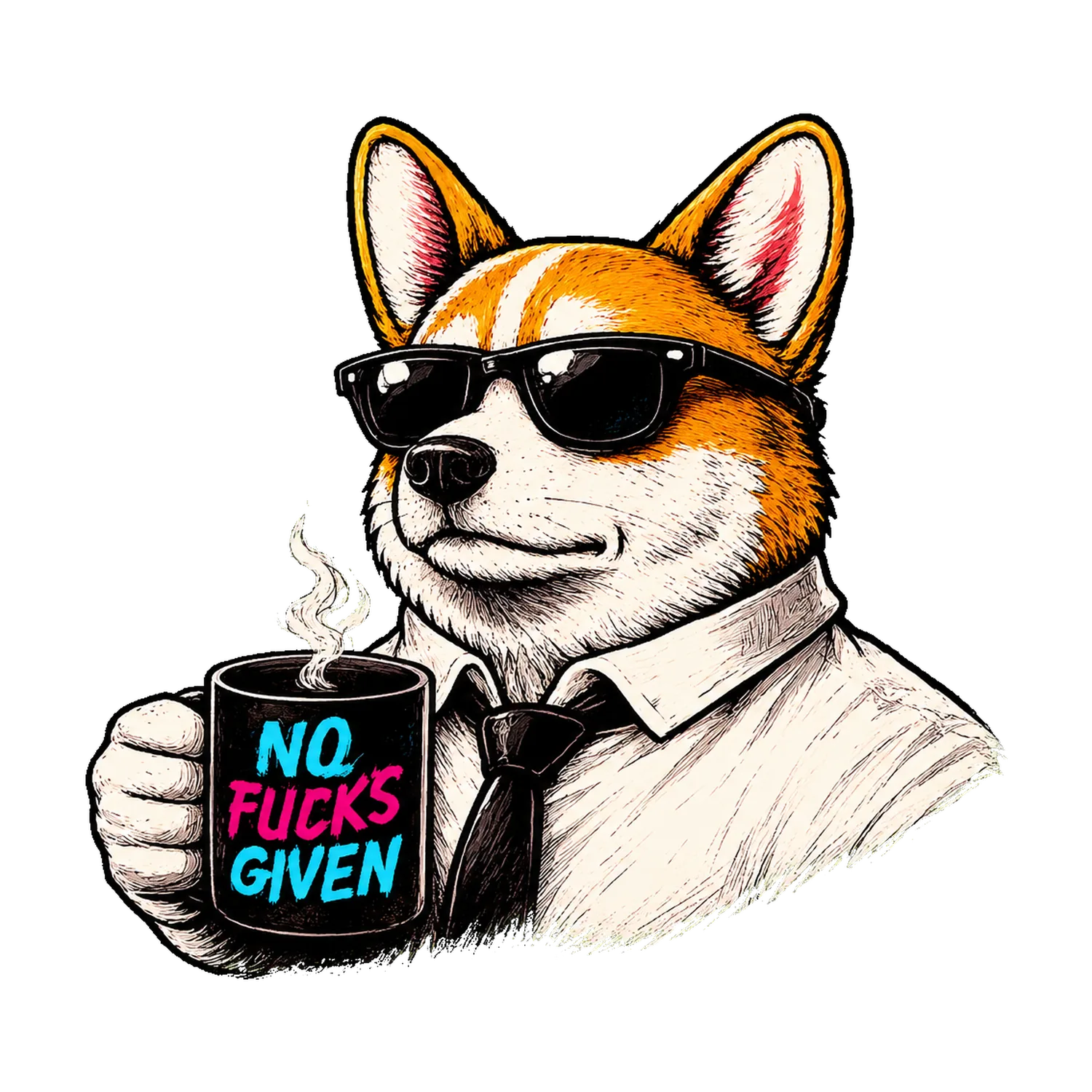 Salty Corgi mascot in sunglasses, shirt and tie, holding a No Fucks Given coffee mug